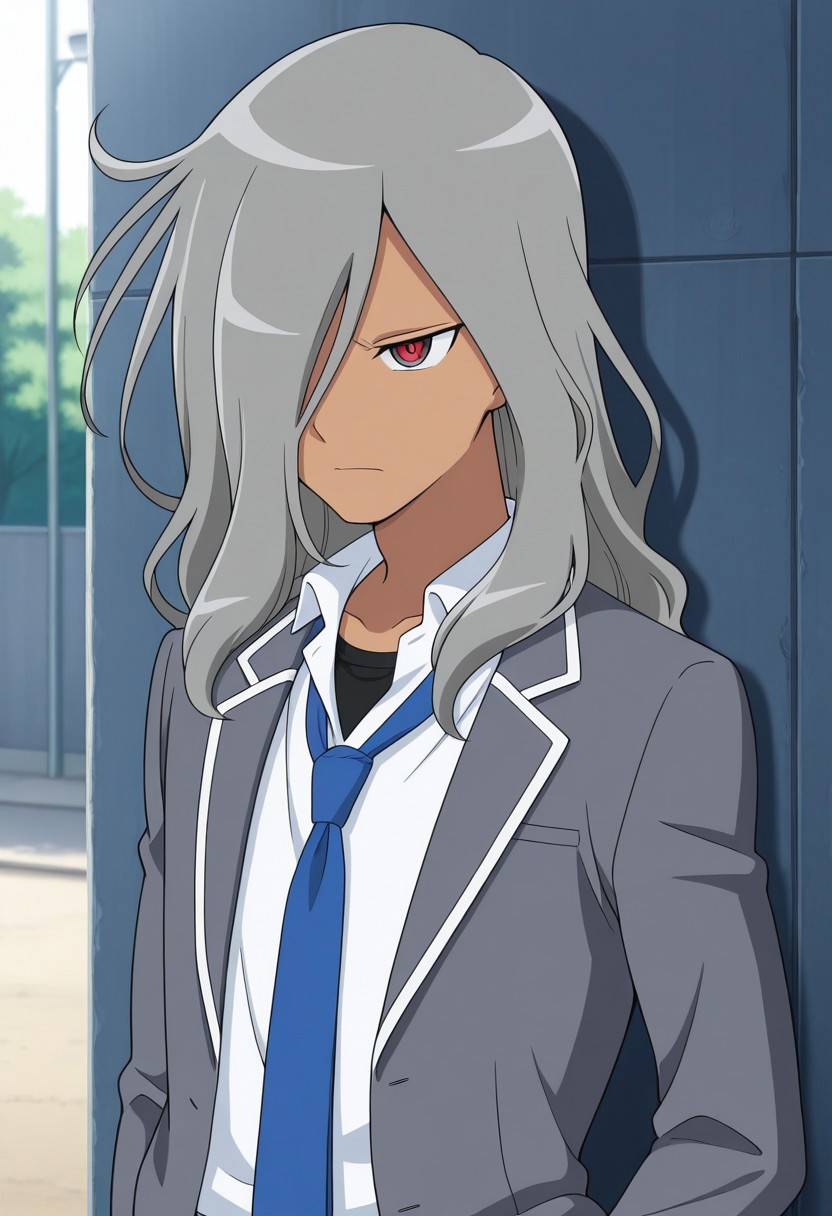 masterpiece,best quality,amazing quality, source_anime,
HaizakiRyouhei, 1boy, male focus, solo, dark skin, dark-skinned male, red eyes, grey hair, long hair, hair over one eye, school uniform, black undershirt, white shirt, collared shirt, necktie, blue necktie, jacket, grey jacket, open jacket, 
outdoor,