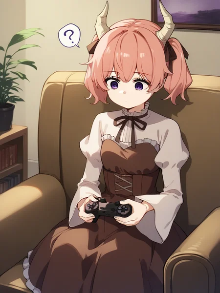 1girl, sitting, holding game controller, (looking down:1.2),
Linie, horns, pink hair, short twintails, purple eyes, brown dress, long white sleeves, frilled dress,
expressionless, living room, couch, question mark, source_anime,
<lora:LinieXLpony003:0.7>
<lora:Anime Boys Style SDXL_LoRA_20r_20e_8i_nr32_a16_Pony Diffusion V6 XL:0.8>, score_9, score_8_up, score_7_up,