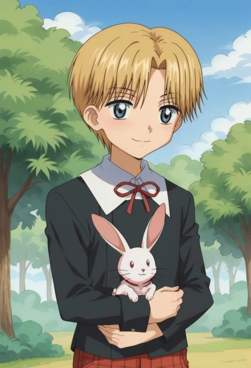 score_9, score_8_up, score_7_up, source_anime, highly detailed,
rukanogi, 1boy, male focus, blonde hair, short hair, shorts, red shorts, plaid shorts, school uniform, blue eyes, solo, ribbon, neck ribbon, upper body, sweater, black sweater, shirt, white shirt, collared shirt, long sleeves, smile, rabbit, hug rabbit,
outdoor, sky, tree