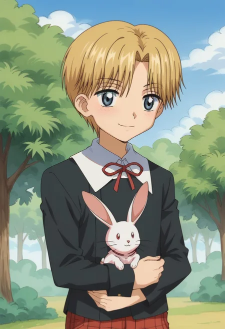 score_9, score_8_up, score_7_up, source_anime, highly detailed,
rukanogi, 1boy, male focus, blonde hair, short hair, shorts, red shorts, plaid shorts, school uniform, blue eyes, solo, ribbon, neck ribbon, upper body, sweater, black sweater, shirt, white shirt, collared shirt, long sleeves, smile, rabbit, hug rabbit,
outdoor, sky, tree