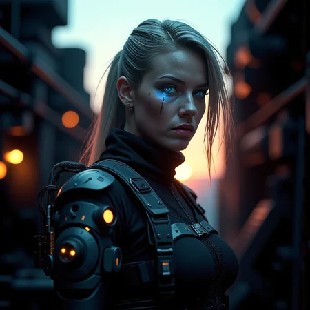 In a futuristic world, a mysterious figure emerges shrouded in rim lighting during sunset. The cybernetic woman with implants, clad in tactical techwear, stands amidst a mechanical universe, their presence both haunting and captivating. Their weathered mechanical_arms with heavy patina, add to her enigma. With piercing dimly glowing left mechanical_eye, gives the user a heterochromia appearance with a natural right eye, and a stoic expression. She embodies the fusion of technology and fashion. The scene, illuminated by the glow of machinery and crackling embers, creates an atmosphere of intrigue, leaving viewers eager to uncover the secrets within this cyberpunk narrative, where the past and future collide in a mesmerizing fashion.   <lora:scifi/fluxMechanicalArms_v1>, <lora:scifi/fluxAugments_v2>,  <lora:flux/aidmaImageUpgrader-FLUX-V0.2>, aidmaimageupgrader, <lora:flux/aeshteticv2>, aesthetic_pose, <lora:flux/Herbst_Photo_35mm v2>, herbstphoto,