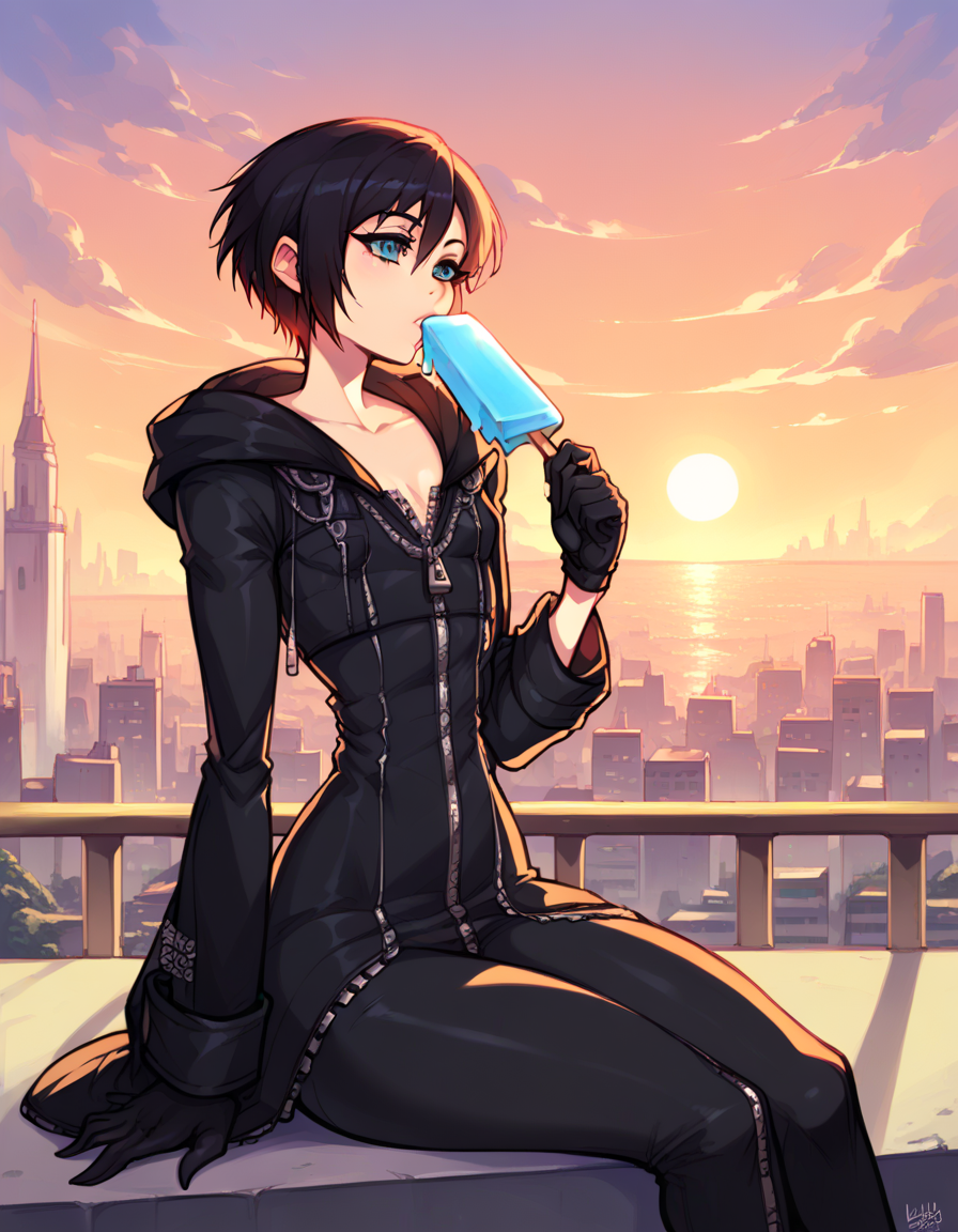score_9, score_8_up, 1girl, xion, solo, outdoors, cityscape, clocktower, flat chest, small breasts, sitting, sunset, holding popsicle, short hair, black hair, black coat, wide hips, narrow waist, closed coat, zipper, black pants, black gloves <lora:XionSDXL:1> <lora:BlushySDXL:1>