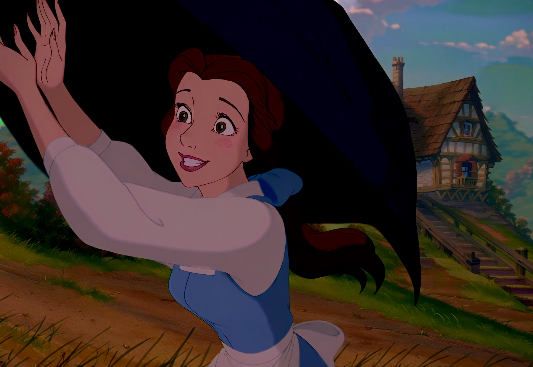 masterpiece, absurdres, highres, (anime screencap:2, anime coloring:2), on-model, accurate art style, show accurate, cartoon screencap, movie accurate, official screencap, style parody, flat colors, official art, proper proportions, extremely detailed, newest, BREAK, 1girl, girl is 25, mature girl, mature female, belle (character), long hair, brown hair, bow, ponytail, hair bow, blue bow, brown eyes, lipstick, blush, blue dress, dress, shirt, white shirt, white apron, smile, standing, arms open wide, BREAK, detailed background, outdoors, open field, grass, wind, day, BREAK, vibrant colors, cinematic lighting, 75% soft lighting, 25% dark lighting
