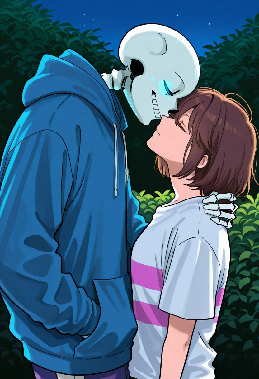 score_9, score_8_up, score_7_up, score_6_up, aoj_sr, 2d, source_cartoon,
night,garden,closer look, close view, duo,
(1male,s4ns,skeleton,one blue glowing eyes,skull,skeleton arms,skeleton body,oversized,white t-shirt),
holding, face to face, sideview,
(1woman,frisk,woman,closed eyes,brown hair,blue hoodies,big breasts,short hair),