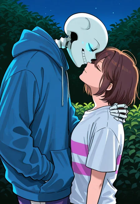 score_9, score_8_up, score_7_up, score_6_up, aoj_sr, 2d, source_cartoon, 
night,garden,closer look, close view, duo,
(1male,s4ns,skeleton,one blue glowing eyes,skull,skeleton arms,skeleton body,oversized,white t-shirt),
holding, face to face, sideview,
(1woman,frisk,woman,closed eyes,brown hair,blue hoodies,big breasts,short hair),