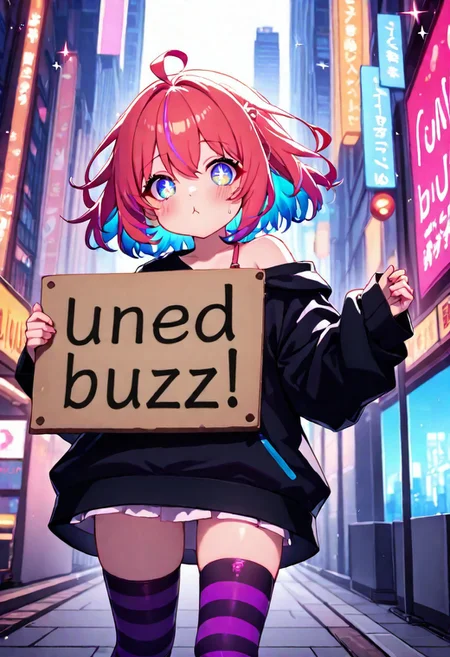 anime girl holding a cardboard sign that says "NEED BUZZ PLZ!", colorful anime illustration, energetic pose, cute pouty face, oversized hoodie slipping off one shoulder, striped thigh-high socks, urban city background with glowing signs and floating emojis, wide angle, vibrant lighting, soft shadows, dynamic pose, sparkles and hearts around her, masterpiece, absurdres, ultra-detailed, 4k, cinematic lighting, whimsical style
need_buzz, holding sign
, dynamic image
detailed hair, eyes, detailed skin, high contrast,