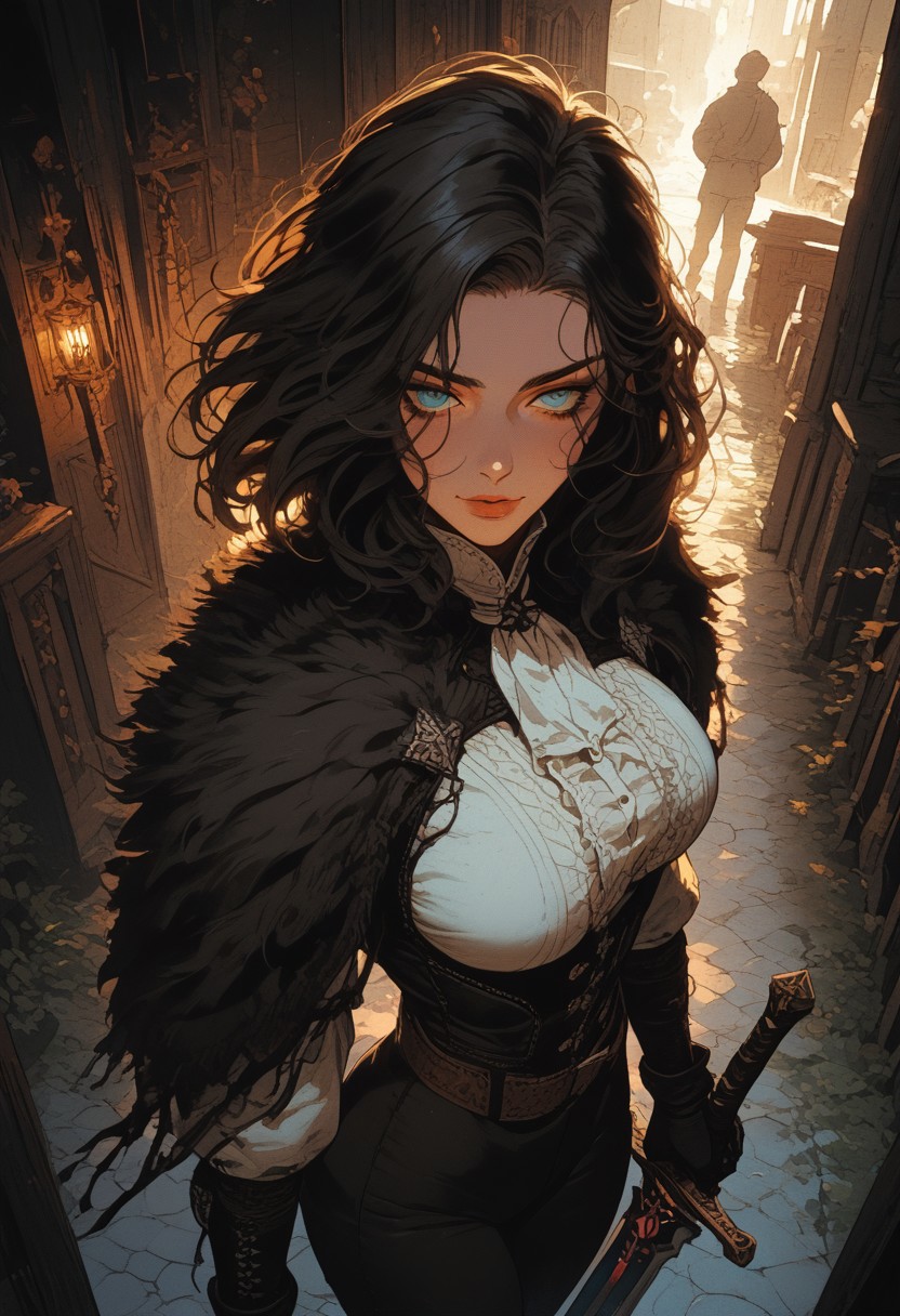 score_9, score_8_up, score_8, ultra detailed, high resolution, high quality, masterpiece, intricate details, intricate body, intricate landscape, knva, Expressiveh, Tavern, midnight, 1girl, source_cartoon, black hair, medium hair, Curtain Hair, hair intakes, parted bangs, narrow eyes, Half Closed Eyes, teal eyes, simple leather chestplate, fur trim, fur cloak, shoulder armor, pants, fur boots, belt, large breasts, wide hips, bubble butt, sword, fantasy, medieval, (extremely detailed face and eyes), looking at viewer, seductive smile, soft lighting, warm lighting, unique angle, unique perspective, dramatic angle, full body, from above,