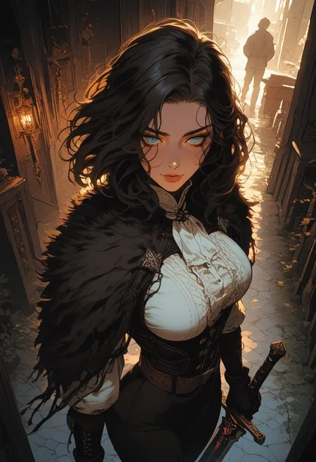 score_9, score_8_up, score_8, ultra detailed, high resolution, high quality, masterpiece, intricate details, intricate body, intricate landscape, knva, Expressiveh, Tavern, midnight, 1girl, source_cartoon, black hair, medium hair, Curtain Hair, hair intakes, parted bangs, narrow eyes, Half Closed Eyes, teal eyes, simple leather chestplate, fur trim, fur cloak, shoulder armor, pants, fur boots, belt, large breasts, wide hips, bubble butt, sword, fantasy, medieval, (extremely detailed face and eyes), looking at viewer, seductive smile, soft lighting, warm lighting, unique angle, unique perspective, dramatic angle, full body, from above,