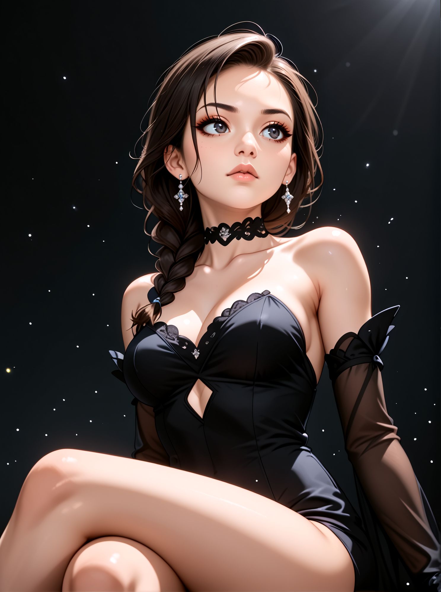 woman, looking away, low angle, sit, crossed legs, dark background, bare shoulders, choker, eyeliner, seductive, flirtatious, floating hair, floating particles, detached sleeves, elegant,, <lora:Woomy_5_Pony:1> dark eyes, black hair, braid over shoulder,