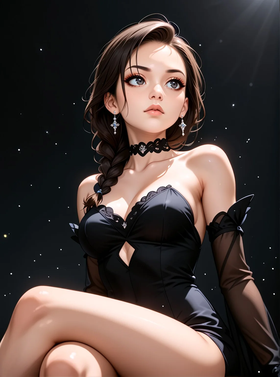 woman, looking away, low angle, sit, crossed legs, dark background, bare shoulders, choker, eyeliner, seductive, flirtatious, floating hair, floating particles, detached sleeves, elegant,, <lora:Woomy_5_Pony:1> dark eyes, black hair, braid over shoulder,