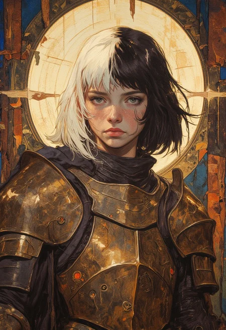 ((Fantasy knight portrait)) ((Renaissance-inspired lighting))
Female Knight, Petite body, freackles , ornate golden armor with engravings, standing in a dramatic light with a warm halo behind the head. shoulder pads bracers elbow pads
(Long messy bob haircut, the hair is white on one half and black on the other) Puffy dark red lips
OBxiaoxiang, drkfnts style, DB4RZ, DB4RZ style painting