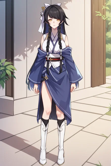 score_9, score_8_up, score_7_up, score_6_up, source_anime, 1girl, slender, solo, zhaoyu, <lora:ZhaoyuPDXL-V1:1>
BREAK (black hair, long hair, large breasts)
BREAK (japanese clothes, kimono, hair ornament, obi, hair ribbon, knee boots, white footwear:1.4),
BREAK (looking at viewer, full body, standing:1.2), indoors, day, (parted lips, yellow eyes), outdoors