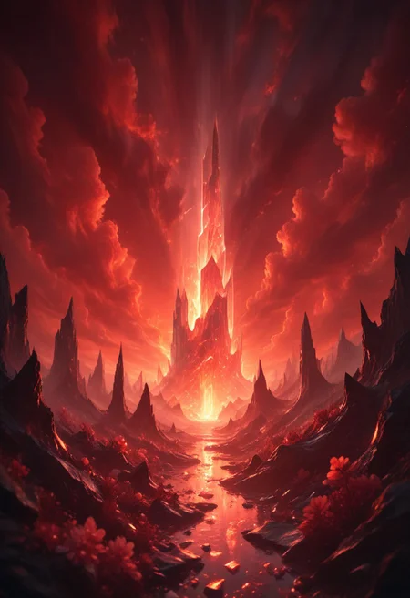 (8k landscape photography:1.2) an massive shiny crystal glass tower in an ethereal hell landscape surrounded by glowing flower crystals, a red sky,cloudy sky
