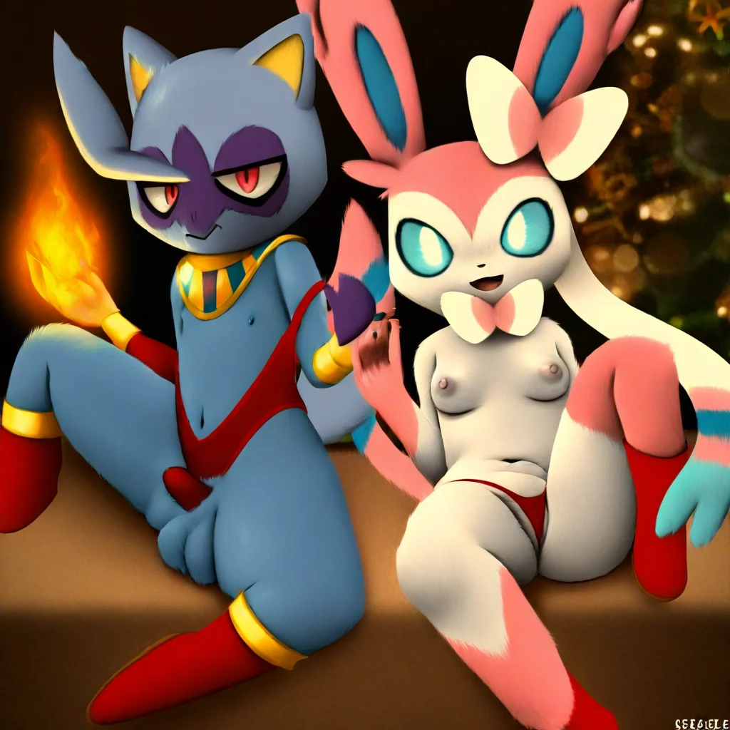 sylveon (pokemon), body fur, red eyes, thighhighs, fox tail, boots, bodysuit, 1boy, fire, claws, nipples, raccoon girl, grey hair, photoedit, erection, ralsei (deltarune), christmas, red panties, sneasler (pokemon), egyptian, blue fur