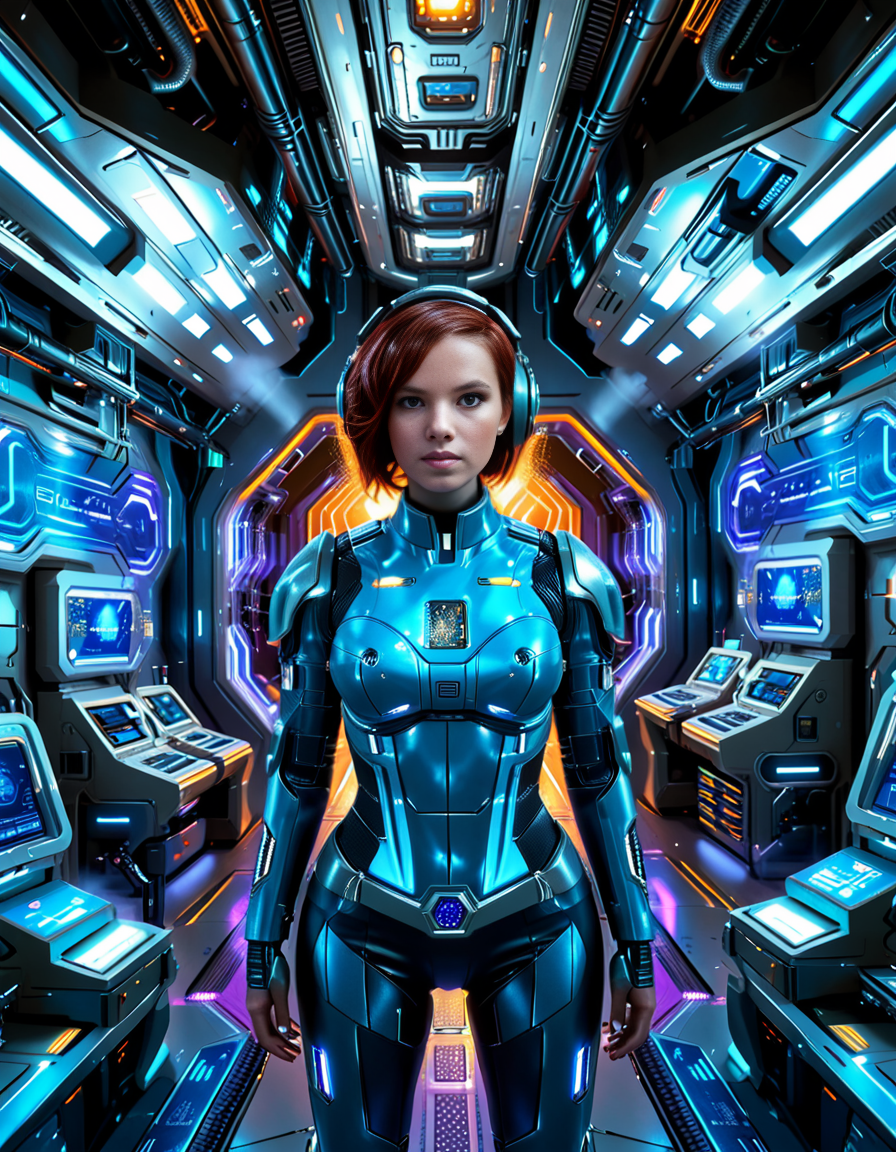 <lora:3ng1n3_r00m:1>,focus on woman face,A highly detailed and cinematic depiction of a confident woman standing in the 3ng1n3 r00m of a futuristic spaceship. She is wearing a sleek and advanced space uniform, with a metallic sheen and intricate details like glowing blue energy lines running along the seams of her suit. Her uniform is form-fitting, with visible patches indicating her rank and position, and a high-tech helmet tucked under her arm. She has short, neatly cut hair, a determined expression, and a calm yet commanding presence.
The engine room around her is illuminated by a mix of bright white and soft blue lights, reflecting off the polished metallic surfaces of the machinery. Massive, glowing energy cores pulse with light in the background, emitting a soft hum. Pipes, cables, and control panels surround her, each detailed with futuristic textures and glowing interfaces. The room feels alive with motion, as small holographic displays and robotic arms work automatically. The overall mood is futuristic, highly technological, and awe-inspiring, with sharp contrasts between the cold metallic surfaces and the warm light from the energy cores.
The image is rendered in a hyper-realistic and cinematic art style, with an emphasis on intricate details, dramatic lighting, and rich textures.<lora:SDXLFaeTastic2400:0.4> <lora:extremely_detailed:0.4> extremely detailed,, Masterpiece,best quality,hi res,8k,hi res,8k,award winning,(sharp focus, intricate, highly detailed),