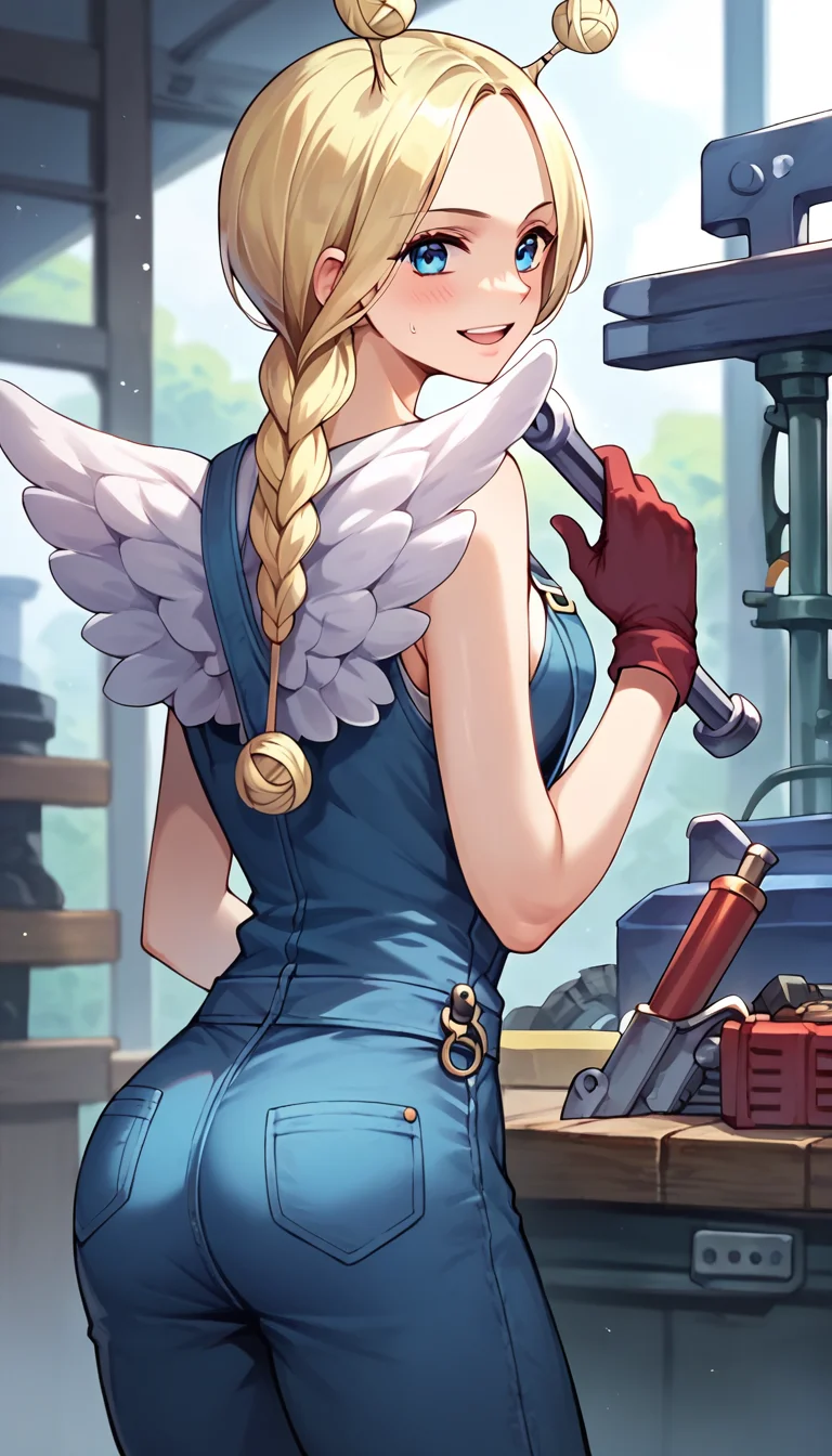 score_9, score_8_up, score_7_up, score_6_up, score_5_up, score_4_up, 1girl, conis, wings, blonde hair, antenna hair, twin braids, blue eyes, red gloves, mechanic, blue overalls, from behind, looking at viewer, cute, <lora:Conis_v2:1>