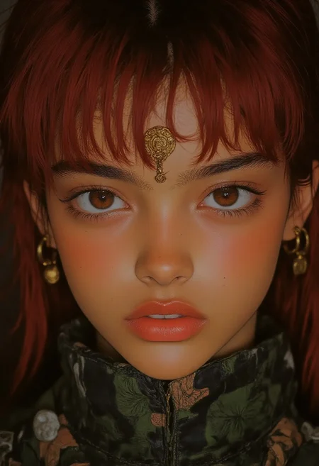 `pingtu style
illustration-fen, Fluxlisimo, dark art, fictionalcasca, pale skin, freckles, red to purple ombre hair, almond-shaped eyes, golden accessories, HQ, high quality, highly detailed, 8k, photographic, hyper realistic, cinematic:` a hyper-realistic close-up portrait of fictionalcasca with radiant red hair fading into deep violet, cascading in soft, textured waves around her face. Her arched, fine eyebrows and long, dramatic lashes frame expressive almond eyes shimmering with soft light. Freckles gently dust her luminous pale skin, adding an intimate, youthful detail beneath sculpted, glossy deep red lips. A semi-transparent olive green netted cloth partially veils her lower face, embroidered with ornate patterns that glimmer subtly, giving the scene an ethereal, regal tone. Her golden forehead ornament and nose ring chain-link elegantly to large, dangling earrings, emphasizing her facial symmetry and cultural opulence. Captured in cinematic lighting with extreme clarity and soft shadows, the portrait immerses the viewer in a world of mystical sophistication and hyper-real beauty.
