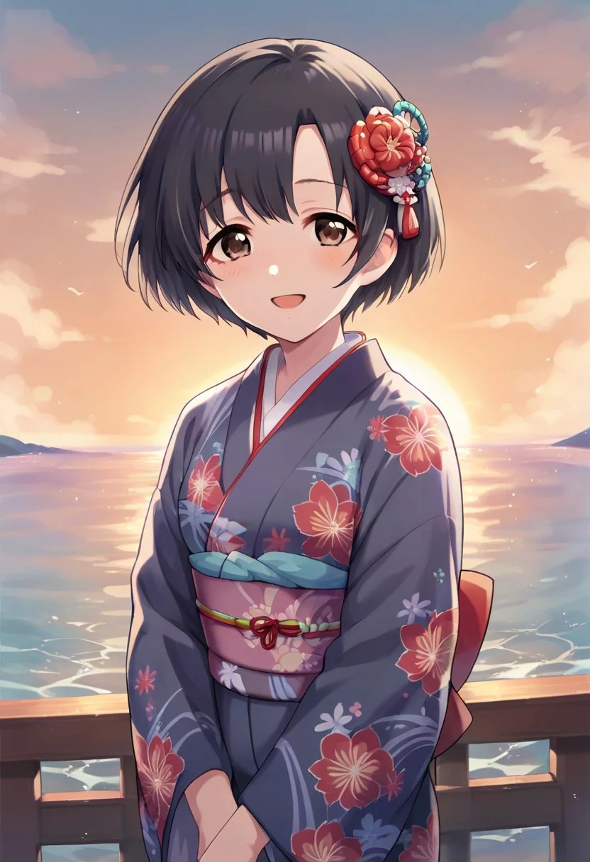 score_9, score_8_up, score_7_up, source_anime, shiragiku hotaru, short hair, black hair, brown eyes, 1girl, japanese clothes, solo, kimono, hair ornament, floral print, outdoors, looking at viewer, ocean, smile, blush, sunset, open mouth