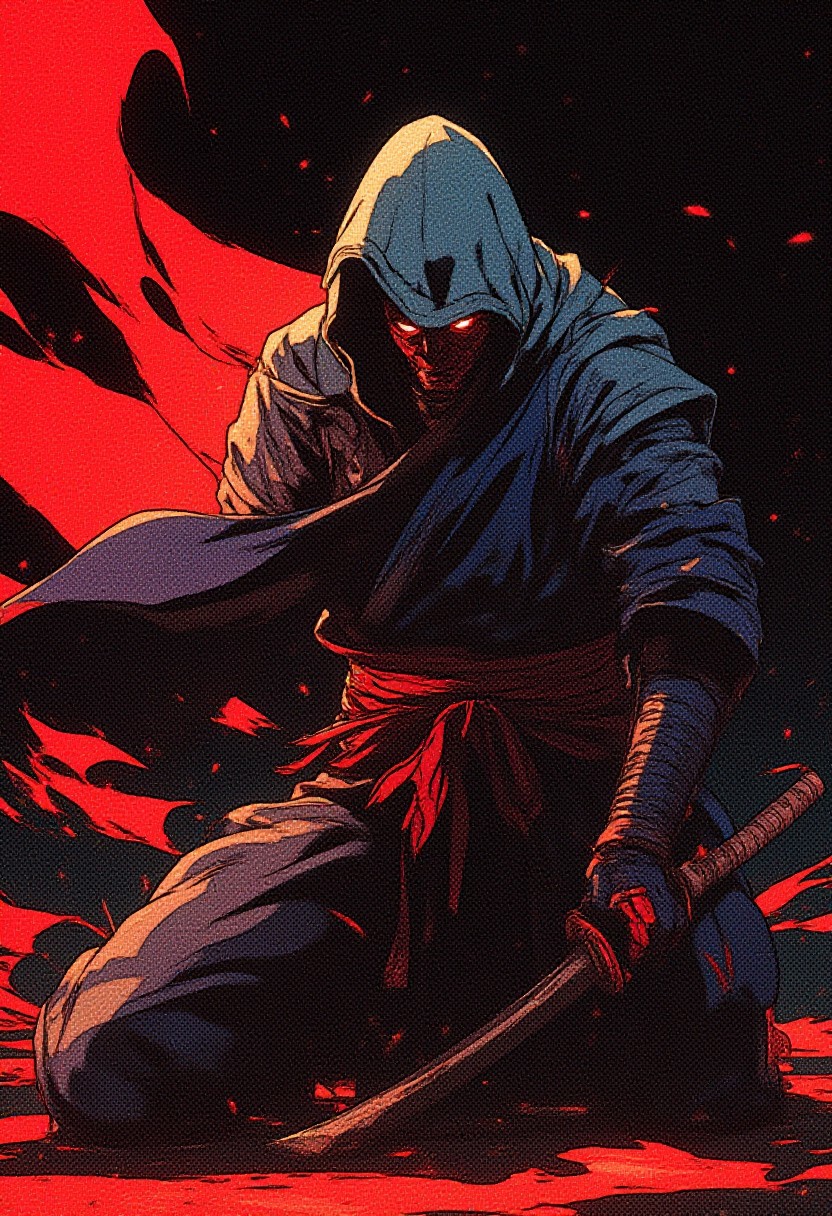 retro anime style, A slim samurai, huge red stripes floating on the wind, he kneels in the shadows, shadows obscures details of his features, hooded, unshaved, confident stature, cant see face in complete darkness, background is a dark dojo, the only thing we can see is his red waist and a lot of red stripes on his costume, his eyes is glowing from the dark,