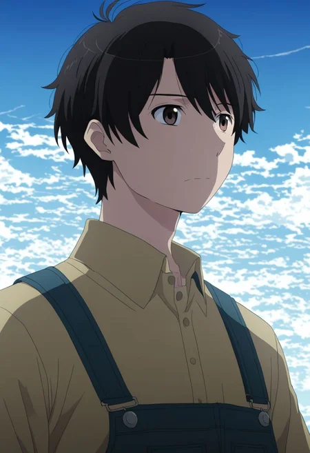 high resolution, solo, best quality, 1Boy, Inaho Kaizuka, Black Hair, Brown Eyes, existential longing, infinite sky, OverallDetail