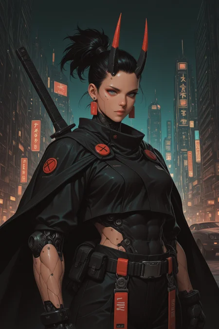 embedding:lazypos, namech, cyberpunk, 1girl, solo, looking at viewer, gloves, sword behind back, closed mouth, jewelry, standing, upper body, high ponytail, earrings, black gloves, belt, black pants, muscular, cape, city skylines, abs, mecha, japanese clothes, horn <lora:NanoKage_v1.0_-_Illustrious:0.8>