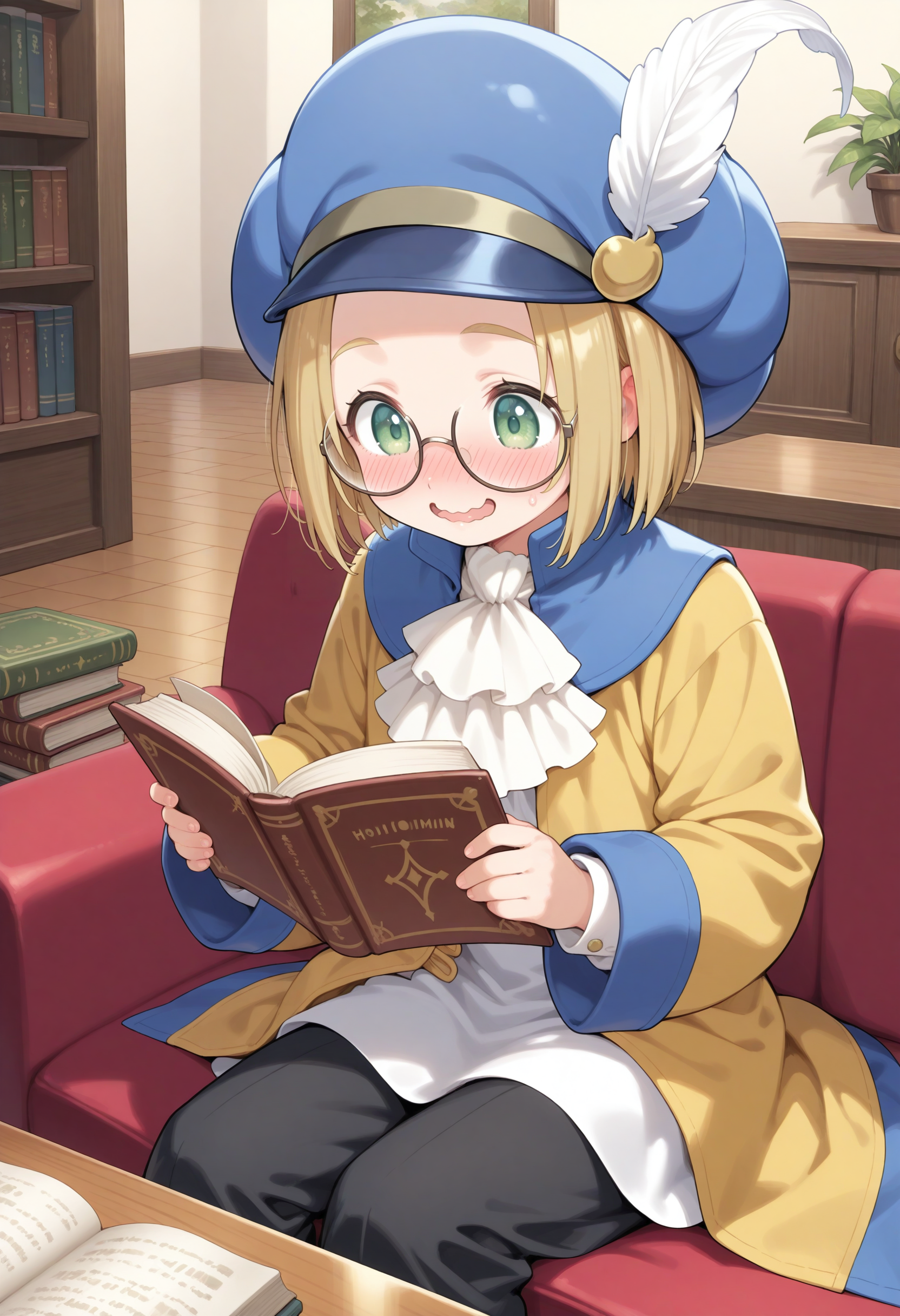 masterpiece,extreme detailed,indoors,living room,table BREAK hoimin2,1boy,glasses,blonde hair,short hair,hat,round eyewear,white ascot,blue headwear,long sleeves,green eyes,yellow jacket,black pants,<lora:hoimin_(dq)-NAI:1>,book,reading,blush,nose blush,holding_book,wavy mouth,open mouth,smile,