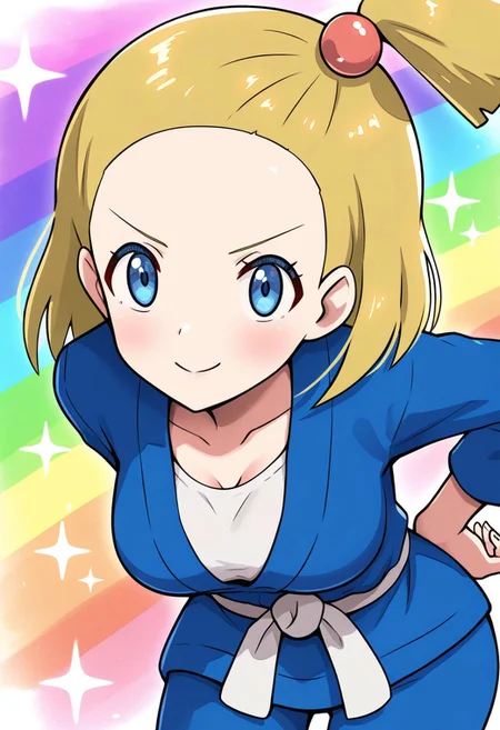 hinosaki, [[pokemoa, gonzarez]], 2d, masterpiece, best quality, amazing quality, 1girl, solo, close-up, standing, smile, upper body, leaning_forward, looking at viewer, multicolored background, sparkle, rainbow background, colorful background, battlegirlxy, blue eyes, short hair, blonde hair, one side up, hair bobbles, forehead,dougi, white shirt, blue jacket, long sleeves, white sash, blue pants, (mature female, adult body, grown up, aged up), medium breasts