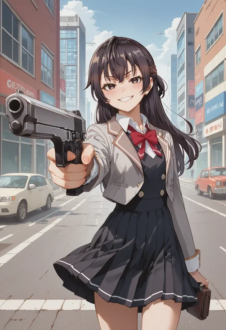 score_9, score_8_up, score_7_up, score_6_up, source_anime, 1girl, city, sidewalk, <lora:Pony_Guns:1> right pistol, smug, grin, half-closed eyes, looking at viewer, wind lift, <lora:yuki_suou_anime_v4-soralz:1> yuki suou, black hair, long hair, half updo, hair between eyes, dark eyes, school uniform, grey jacket, open jacket, long sleeves, red bow, white shirt, collared shirt, black vest, buttons, black dress, black socks, black loafers