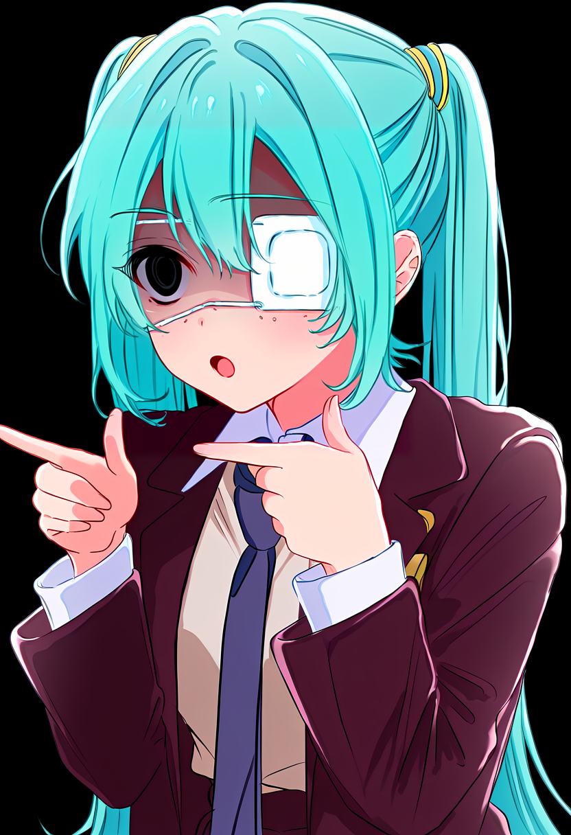 masterpiece, high quality, best quality, 1girl, hmmonitoring, hatsune miku, black eyes, ringed eyes, very long hair, twintails, bangs, hair between eyes, medical eyepatch, freckles, school uniform, collared shirt, necktie, jacket, open jacket, long sleeves, upper body, simple background, black background, finger spin, pointing, open mouth, partially shaded face, dark, <lora:Rikkas_Finger_Spin_-_finger_twirl:1>, <lora:mikumonitoring:0.85>, <lora:DarkerThanDarkV0.8:0.4>
