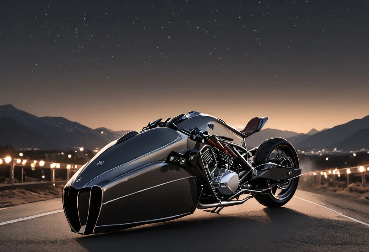 cinematic still of man driving large motorcycle, best quality, highly detailed, bokeh, black simple background, Alpha, Motorcycle, beautiful landscape, cinematic lighting,