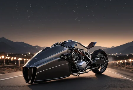 cinematic still of man driving large motorcycle, best quality, highly detailed, bokeh, black simple background, Alpha, Motorcycle, beautiful landscape, cinematic lighting,