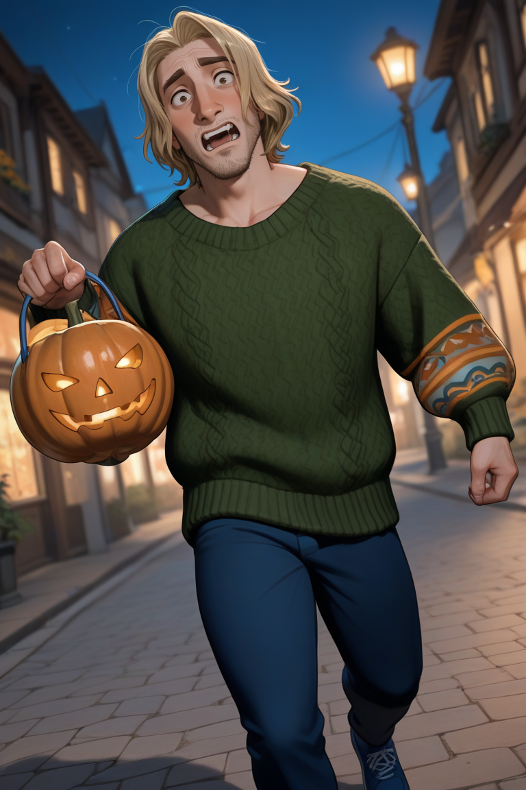 expressive manly face, shadow, dynamic angle, intricately detailed, depth of field, masterpiece, best quality, amazing quality, very aesthetic, absurdres, newest, very awa, 1boy, make focus, solo,coralben,blonde hair,medium hair,brown eyes,facial hair,stubble, oversized green sweater, knitted sweater, pattern sleeves, blue pants, blue footwear, outdoors, nighttime, holding halloween garlands, spooked expression, scared, running away