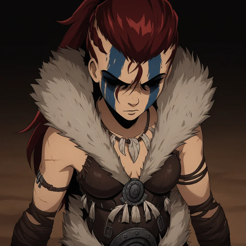 masterpiece, best quality, newest, absurdres, highres, anime, anime style, HellionDD-Il.V1.0, jewelry, necklace, red hair, armor, leather armor, fur coat, red hair, tribal, clevage, black eyes, shaded eyes,