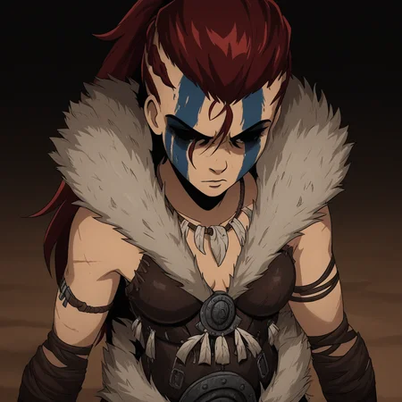 masterpiece, best quality, newest, absurdres, highres, anime, anime style, HellionDD-Il.V1.0, jewelry, necklace, red hair, armor, leather armor, fur coat, red hair, tribal, clevage, black eyes, shaded eyes,