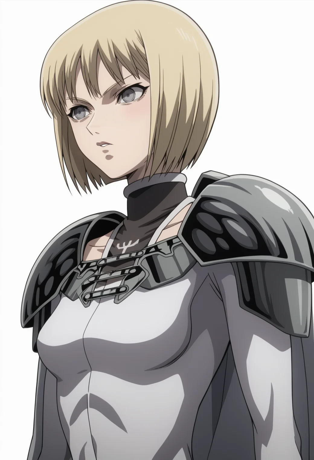 score_9, score_8_up, score_7_up, source_anime, BREAK , 1girl, solo,,  white background, upper body, <lora:DX888Clare:1>clare, bodysuit, cape, pauldrons,   grey eyes, medium breasts, ,dynamic pose,  anime screencap,