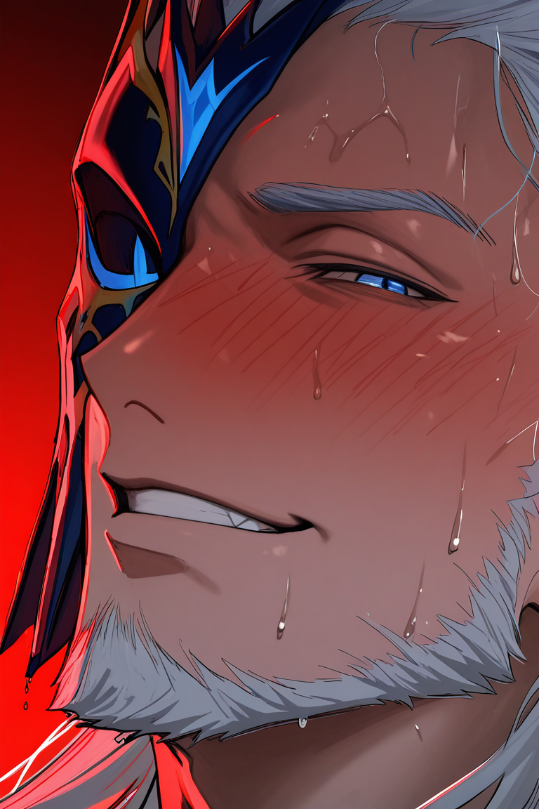 realistic shading, dark environment, dim lighting, male focus, seductively looking at viewer, expressive naughty face, pierrogi, white_pierrogi_facial hair, white_pierrogi_long hair, black-blue-gold_pierrogi_one eye mask, blue_pierrogi_eyes, half-closed eyes, 1boy, smirking, teeth, drunk, blushing, shiny skin, wet, sweating, sweatdrop, extreme close-up, eye focus, simple plain red background, dutch angle, dynamic angle, fidgetting, motion lines, intricately detailed illustration, depth of field, masterpiece, best quality, amazing quality, very aesthetic, absurdres, newest, anime screencap