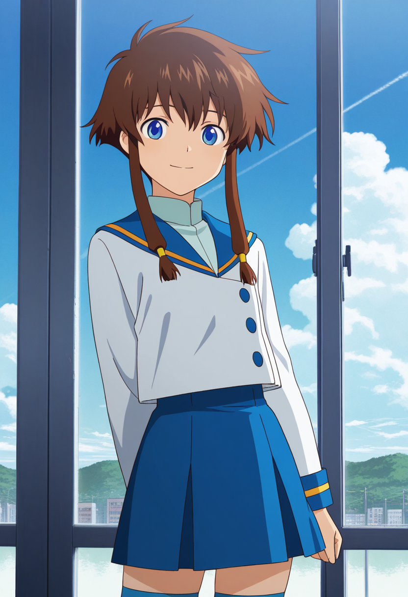 masterpiece, best quality, source_anime,official art,perfect_anatomy,1girl,Misaki Suzuhara,blue eyes,short hair with long locks,brown hair,sidelocks, school uniform,looking_at_viewer,happy,cowboy shot,thighhighs,day,blue_sky,cloud