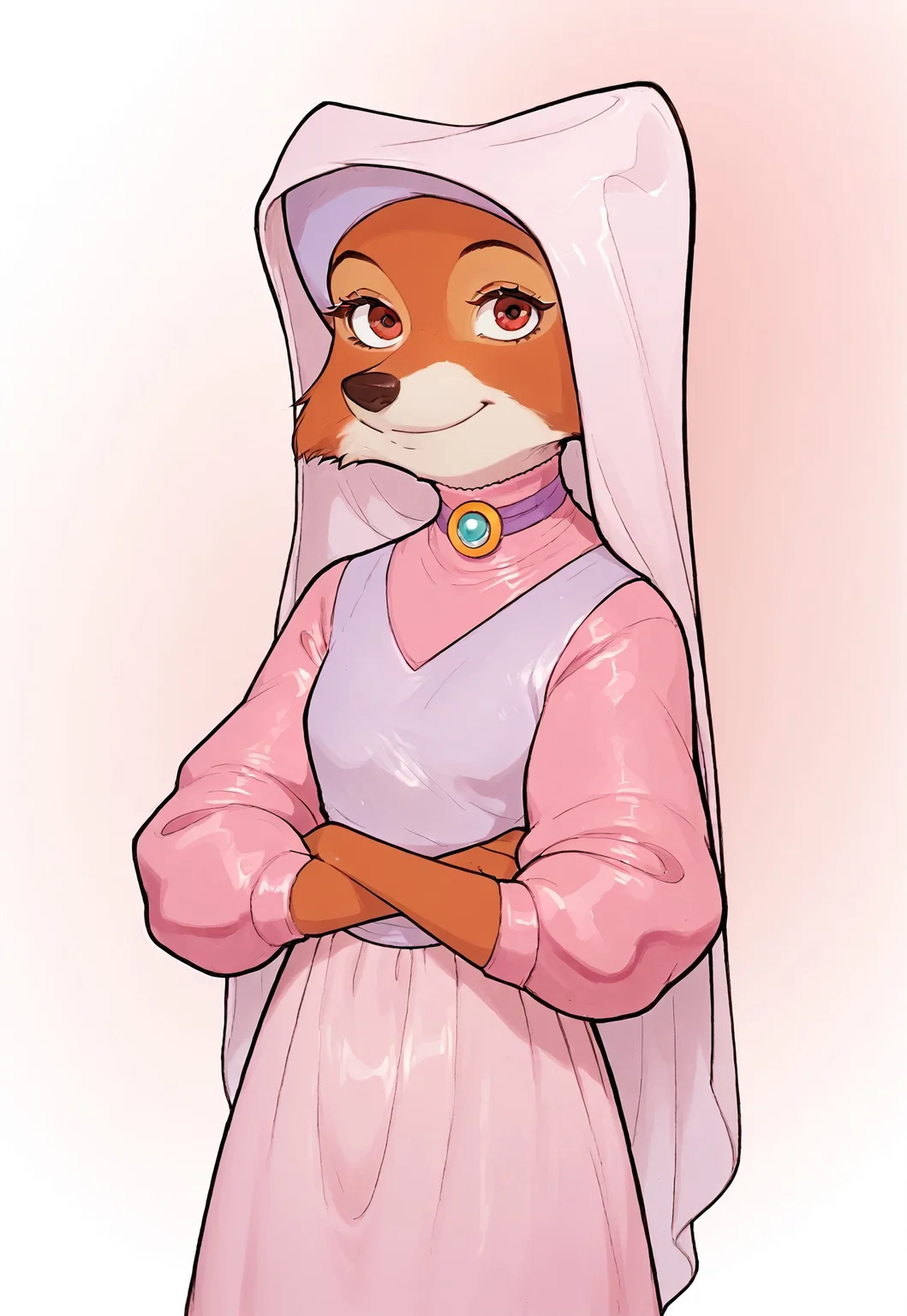 safe_pos, score_9, score_8_up, score_7_up, traditional art, 1 girl, solo, maid_marian, pink dress, pink headwear, orange fur, red eyes, small breasts, gradient background, looking at viewer, crossed arms, portrait, smile, closed mouth, standing