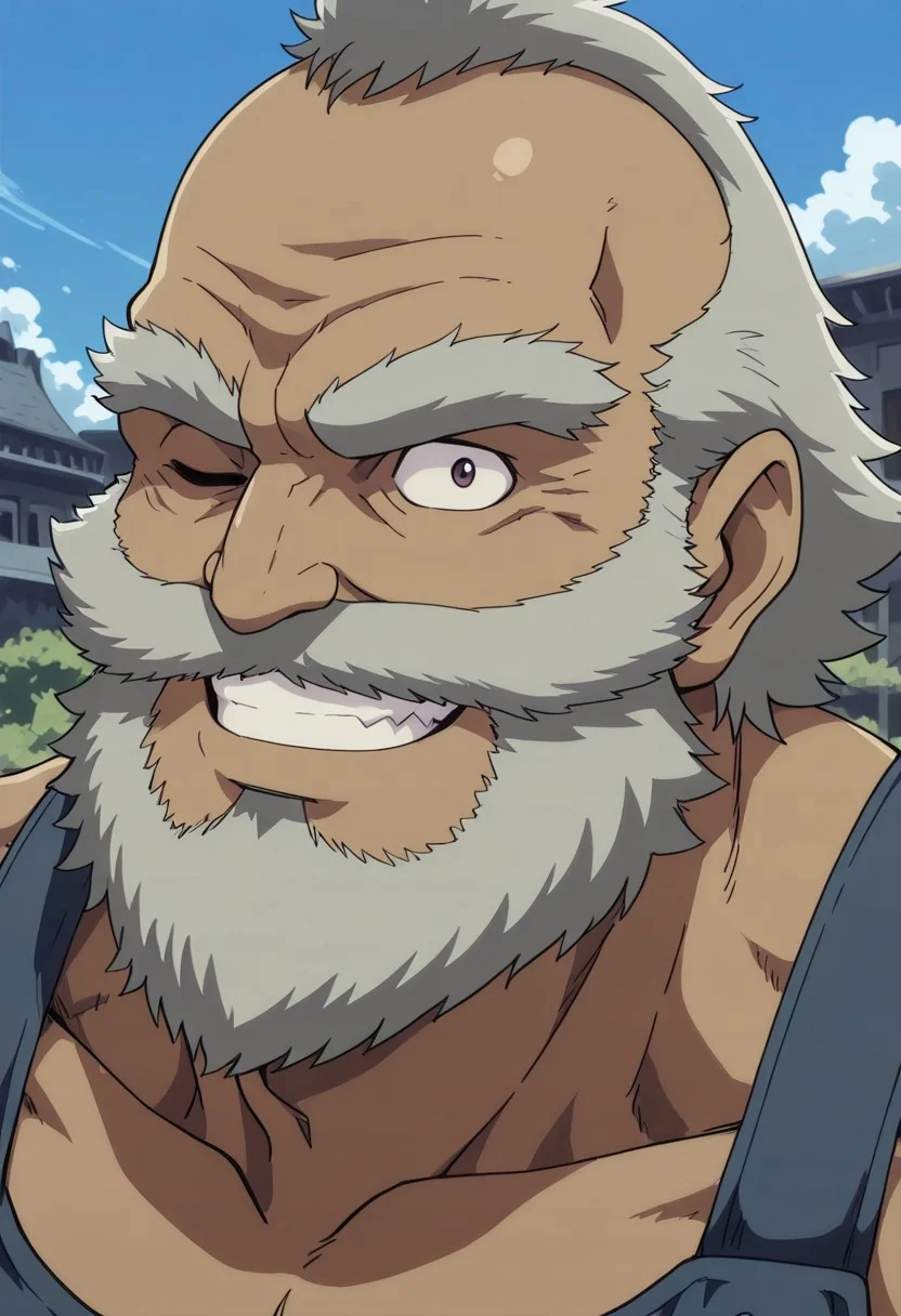 detailed face, detailed body, detailed background, perfect anatomy, masterpiece, high quality, best quality, outdoors, sky, portrait, close-up, 1boy, smith_gs, old man, grey hair, one eye closed, male, 1boy, tanned skin, muscular, big pecs, facial hair, smiling, teeth, looking at viewer