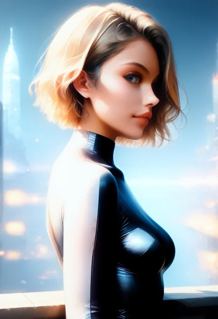 score_9, score_8_up, score_7_up, score_6_up, half body shot, 30yo women, solo, medium breasts, short hair, blond hightlight, attractive, night , (leotard:1.4), (european:0.6), (brazilian:0.6), d3t41l3d, (neodark:1.2), looking at city, (from side:1.2), on rooftop, (C7b3rp0nkStyle:0.8), (Masterpiece:1.3) (best quality:1.2) (high quality:1.1), detailed face,