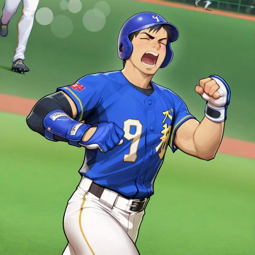 score_9, score_8_up, score_7_up, score_6_up, perfect anatomy, perfect proportions, best quality, masterpiece, high_resolution, high quality, highres, gay, homo, bara, male focus, male only, mature, masculine, manly, hunk, virile, rugged, handsome, charming, alluring, dutch angle, cowboy shot, asian man, Taiwanese man, black hair, HannekenTaiwanBaseball, Taiwan baseball uniform, Taiwan national baseball team, blue baseball jersey, white baseball pants, baseball helmet, black compression undershirt, arm sleeve, elbow guard, wrist guard, batting gloves, shin guard, baseball cleats, baseball field, shading, countershading, detailed shading, detailed skin, realistic shading, intricate details, movie still, vibrant, vivid, stardom, glamorous, extraordinary achievement, award-winning, expressionist, cinematic still, emotional, harmonious, vignette, bokeh, cinemascope, moody, epic, gorgeous, motion, dynamic, focus, running, motion, exciting, shouting