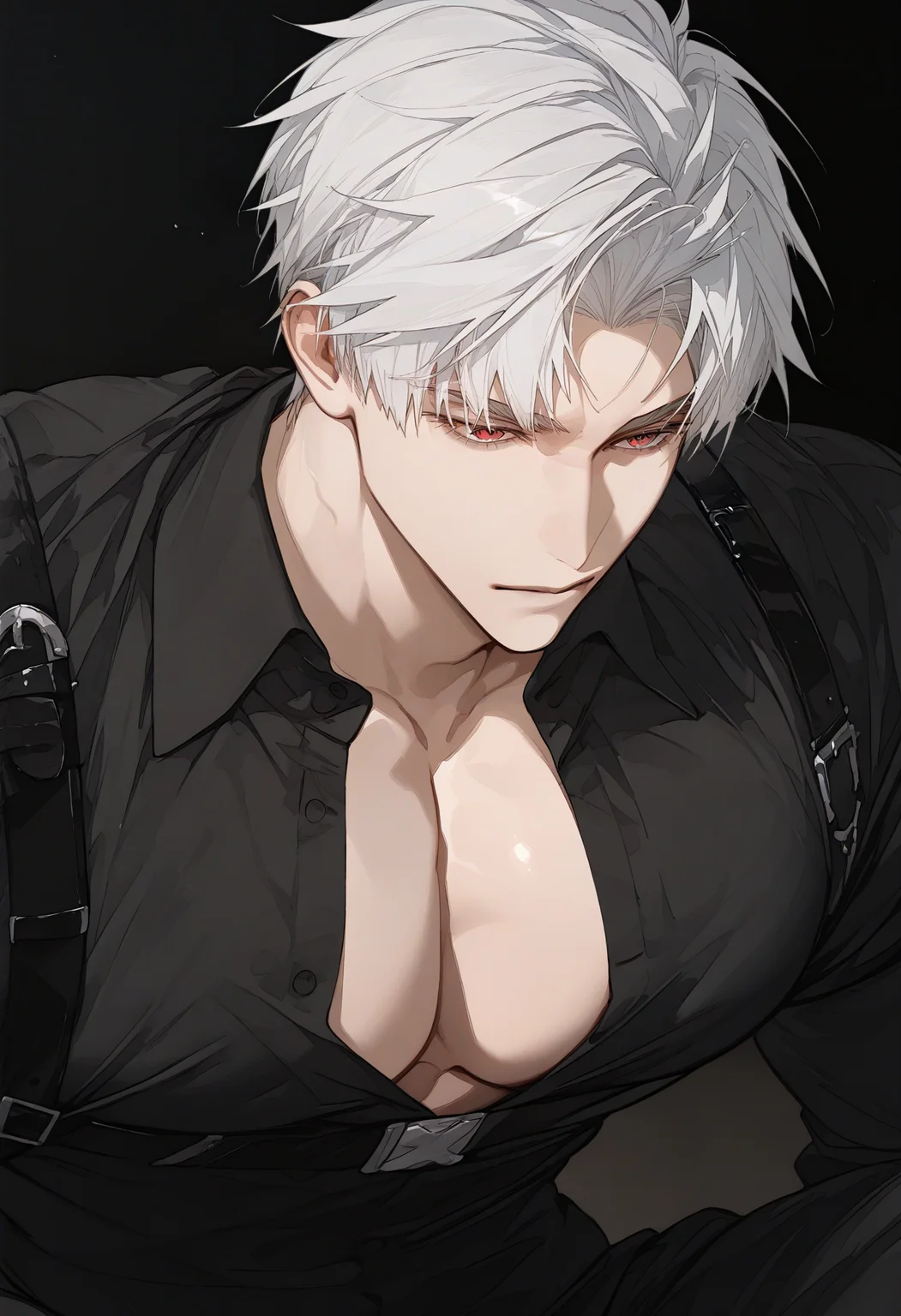 <lora:SagawaSDXLstyle:1>, best quality, masterpiece, SagawaStyle, sylus (love and deepspace), <lora:SylusSDXL:1>, male focus, 1boy, large pectorals, red eyes, short hair, white hair, muscular male, bara, black shirt, collared shirt, unbuttoned shirt, pectoral cleavage, black straps, chest strap
