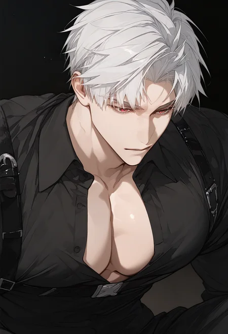 <lora:SagawaSDXLstyle:1>, best quality, masterpiece, SagawaStyle, sylus (love and deepspace), <lora:SylusSDXL:1>, male focus, 1boy, large pectorals, red eyes, short hair, white hair, muscular male, bara, black shirt, collared shirt, unbuttoned shirt, pectoral cleavage, black straps, chest strap
