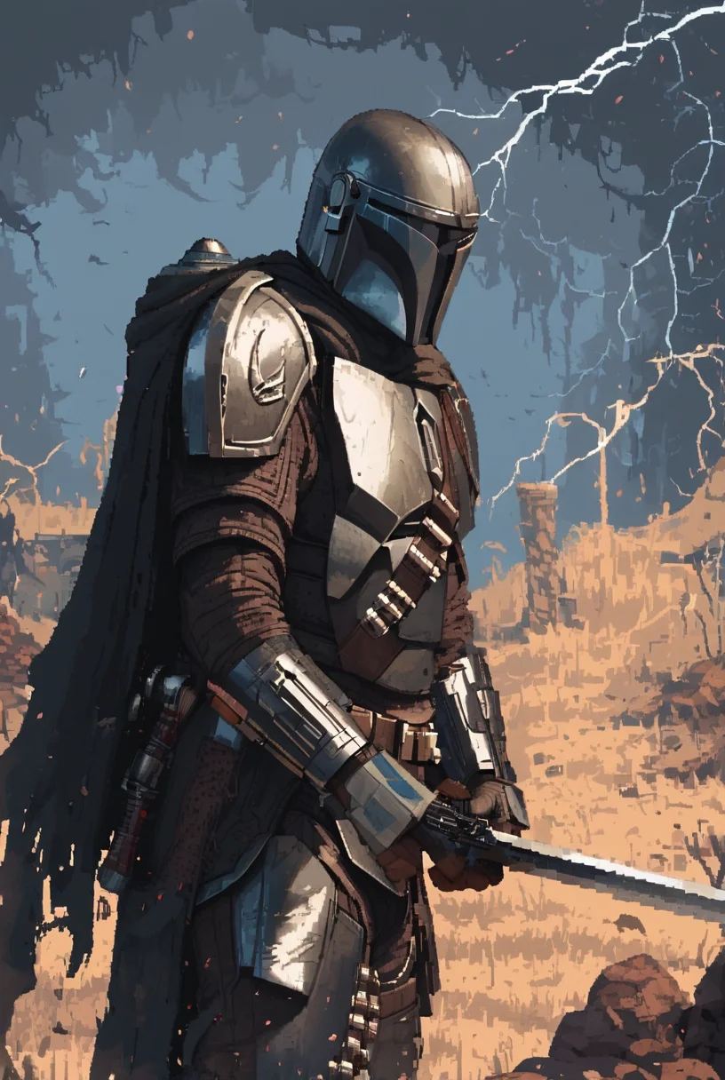 The Mandalorian, solo, gloves, 1boy,   science fiction, holding black sword, white lightning, holding blade, weapon
 armour, gunmetal armour trim, intricate patterns, highly precise
[pixel art,  detailed,]
  <lora:d3p1x3lXLP:1>  <lora:The Mandalorian PONY:1>