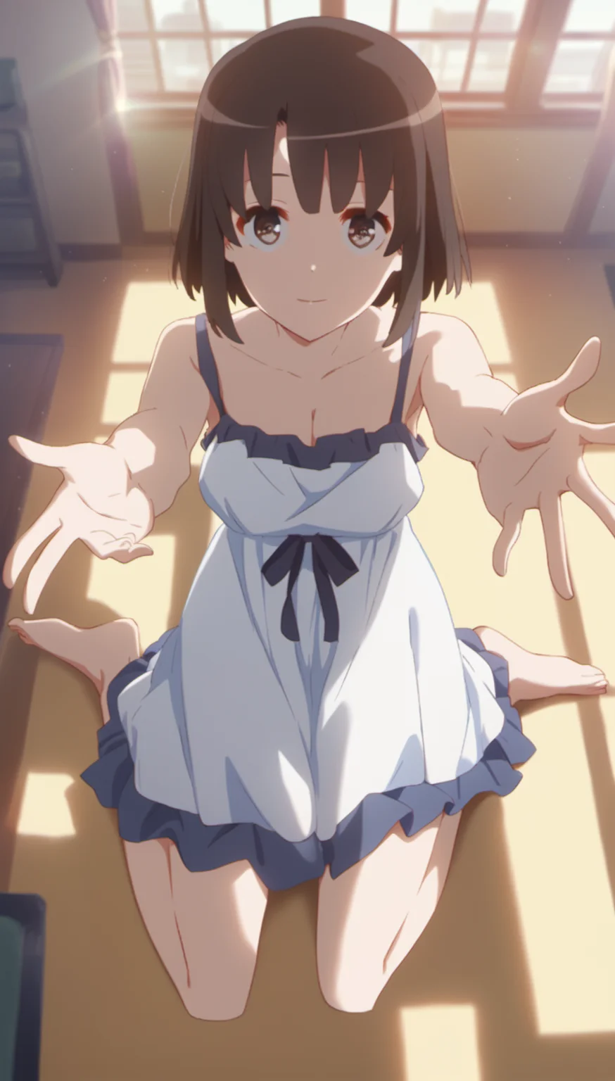 score_9,score_8_up,score_7_up,
<lora:megumikato>,
katomegumi,
1girl,solo,black hair,bangs,short hair,brown eyes,looking at viewer,smile,pink overshirt,white slip dress,barefoot,full body,from above,wariza,sitting,reaching towards viewer,spread fingers,
blurry background,bloom,bloom,light particles,lens flare,indoors,living room,window,