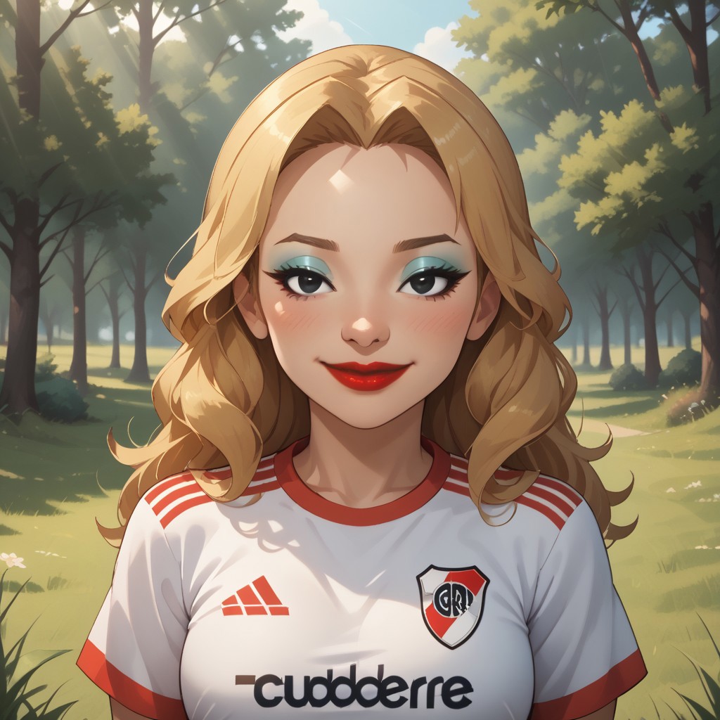 score_9, score_8, BREAK, solo, wii, mii, wii sports, 1girl, female mii, cute, blonde hair, brown eyebrows, makeup, blush, blue eyeshadow, red lips, lipstick, RiverPlate, striped shirt, striped, shirt, white shirt, short sleeves, clothes writing, sportswear, soccer uniform, breasts, nintendo mii, modern_mii, classic_mii, Tomoyo_(OC_Mii), black eyes, adult female, mature female, sexy pose, self portrait, smile, looking at viewer, outdoors, sunlight, shadows, evening lighting, natural lighting, forest, trees, grass, orange sky, sunset