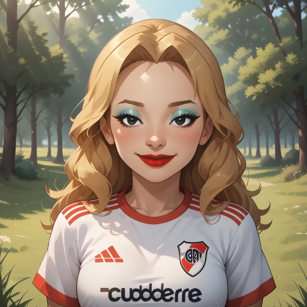 score_9, score_8, BREAK, solo, wii, mii, wii sports, 1girl, female mii, cute, blonde hair, brown eyebrows, makeup, blush, blue eyeshadow, red lips, lipstick, RiverPlate, striped shirt, striped, shirt, white shirt, short sleeves, clothes writing, sportswear, soccer uniform, breasts, nintendo mii, modern_mii, classic_mii, Tomoyo_(OC_Mii), black eyes, adult female, mature female, sexy pose, self portrait, smile, looking at viewer, outdoors, sunlight, shadows, evening lighting, natural lighting, forest, trees, grass, orange sky, sunset