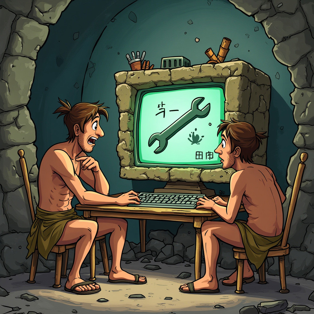 score_9, score_8_up, score_7_up, group of scientist-cavemen confused, staring at ancient computer, computer screen made of rocks and sticks displaying a rudimentary wrench