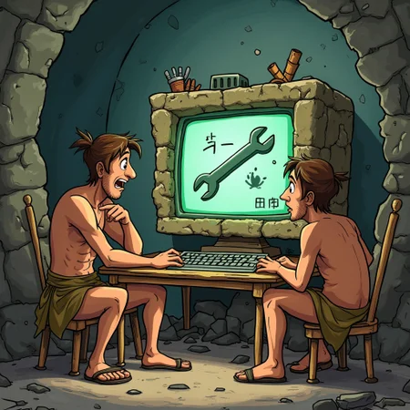 score_9, score_8_up, score_7_up, group of scientist-cavemen confused, staring at ancient computer, computer screen made of rocks and sticks displaying a rudimentary wrench