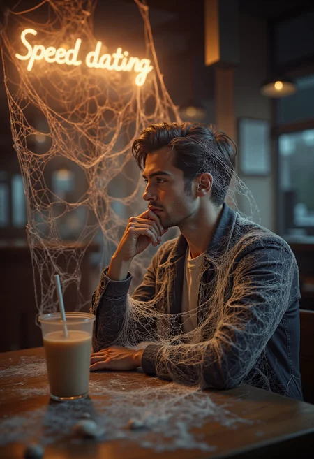 A young man's skeleton sits in a cozy cafe, alone at a table, covered in spiderwebs. He has a contemplative expression, his hand resting on the table, with an iced coffee in front of him. Behind him, on the wall, there is a broken neon tube with the words "Speed dating" written on it.